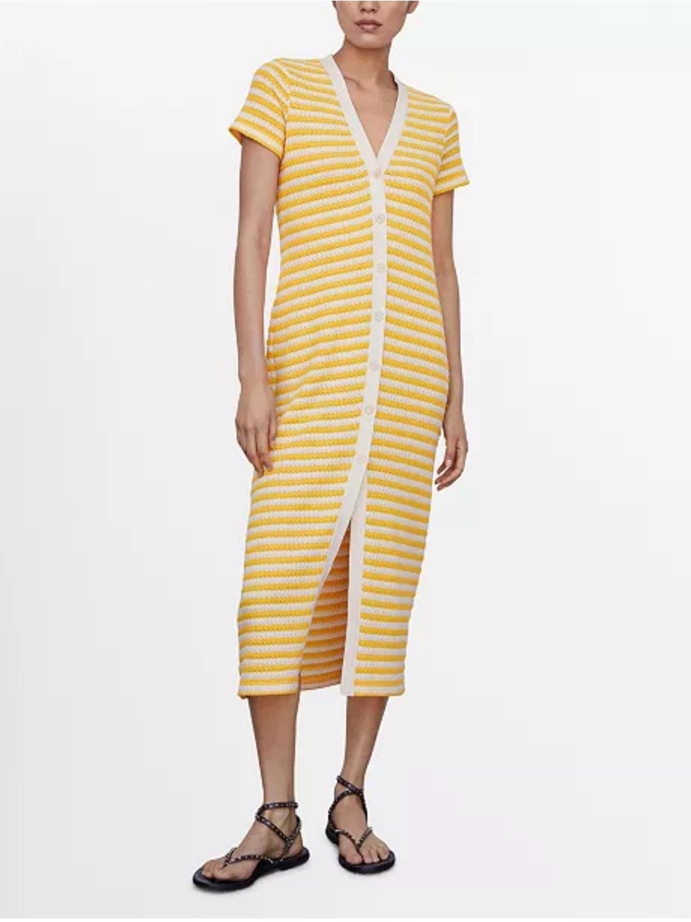 Mango Yellow and White Striped Button-Front V-Neck Midi Dress